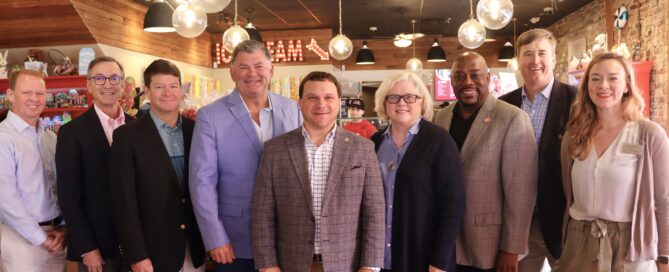 Pictured (L to R): Glen Willard, River Street Sweets • Savannah's Candy Kitchen® Franchise Owner in Pooler, Ga.; Kenny Tarver, co-owner of Mascot Pecan Shelling Co.; Trip Tollison, President & CEO, Savannah Economic Development Authority; Tim Strickland, co-owner of River Street Sweets; Tyler Harper, Commissioner of Agriculture for the State of Georgia; Jennifer Strickland, co-owner of River Street Sweets; Mayor Van Johnson, City of Savannah; Bert Brantley, President & CEO, Savannah Area Chamber of Commerce; and Conni Reynolds, Small Business and Events Manager, Savannah Area Chamber of Commerce